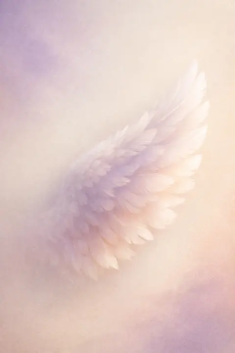 Aesthetic angel wallpaper with a single softly feathered wing catching pale light on cream