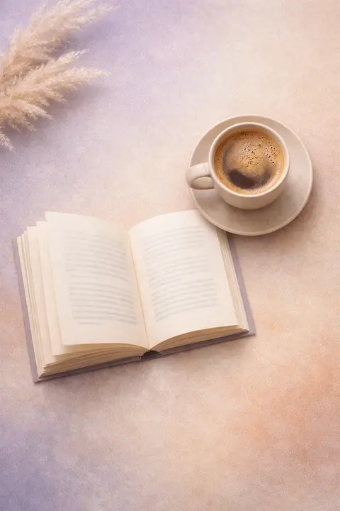 Aesthetic flat lay wallpaper with an open book beside a cup of coffee in muted neutrals