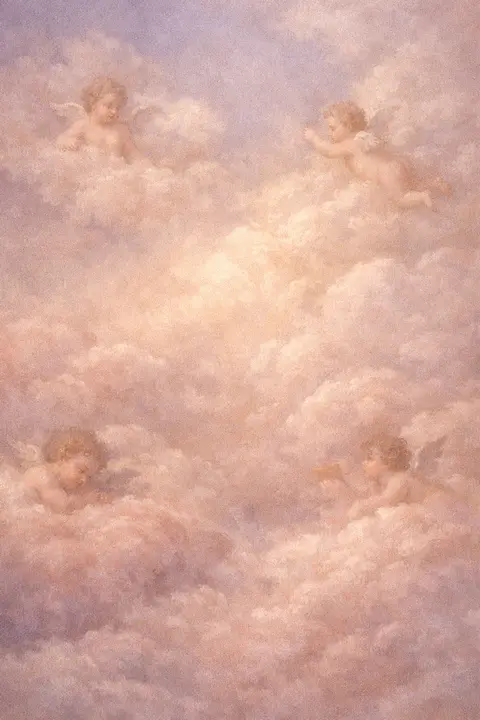 Aesthetic angel wallpaper with renaissance style cherub clouds in muted rose and pearl