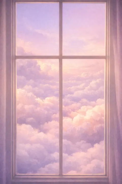 Aesthetic wallpaper of a dreamlike window view over endless pastel clouds