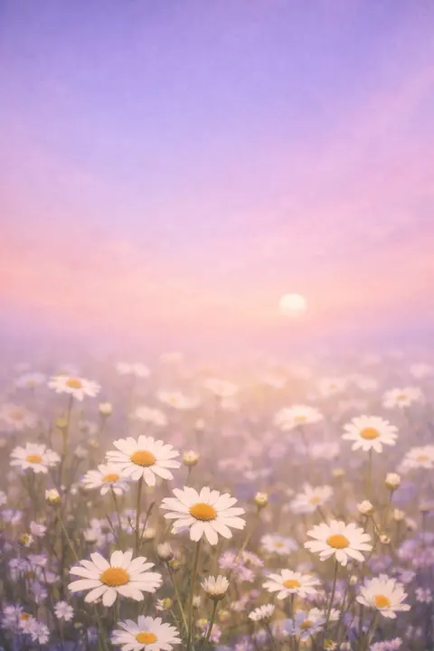 Aesthetic wallpaper of a soft-focus daisy field under a dreamy gradient sky