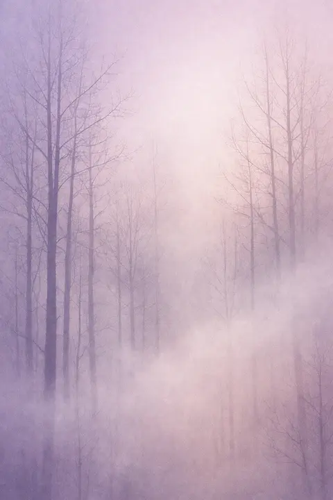 Aesthetic fog wallpaper with pale fog drifting between thin bare trees, almost monochrome