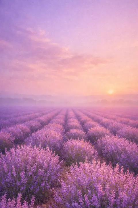 Aesthetic lavender wallpaper with rows of lavender receding toward a hazy horizon