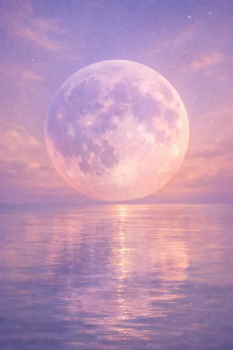 Aesthetic wallpaper of a calm sea reflecting a giant pastel moon at night