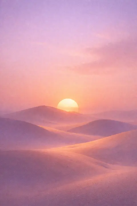 Aesthetic sunset wallpaper with a low sun behind smooth rolling sand dunes and long soft shadows