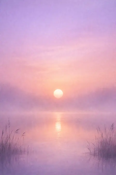 Aesthetic sunset wallpaper with a pale sun low over a still misty lake and faint reeds