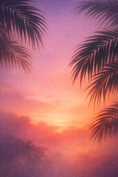 Aesthetic sunset wallpaper with silhouetted palm fronds against a peach and coral gradient