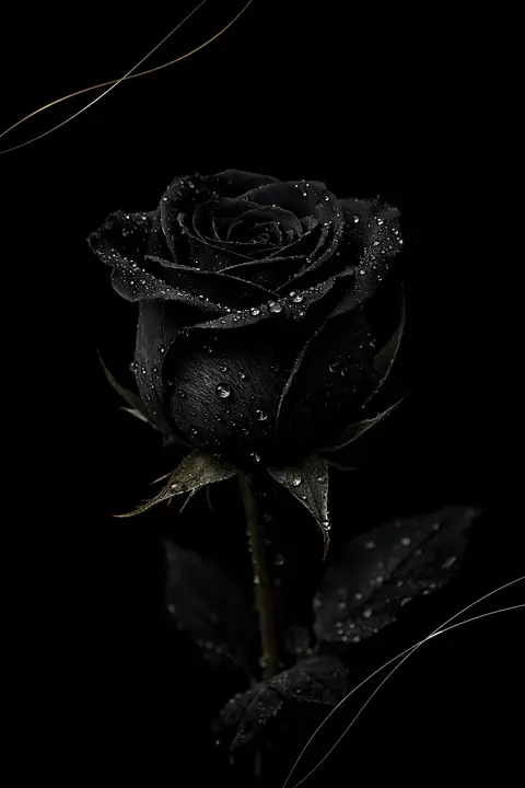 Black wallpaper of a single dark rose with dew in dramatic lighting