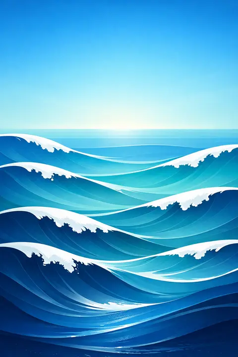 Fondo de pantalla azul de olas del océano estilizadas en capas con crestas de espuma blanca