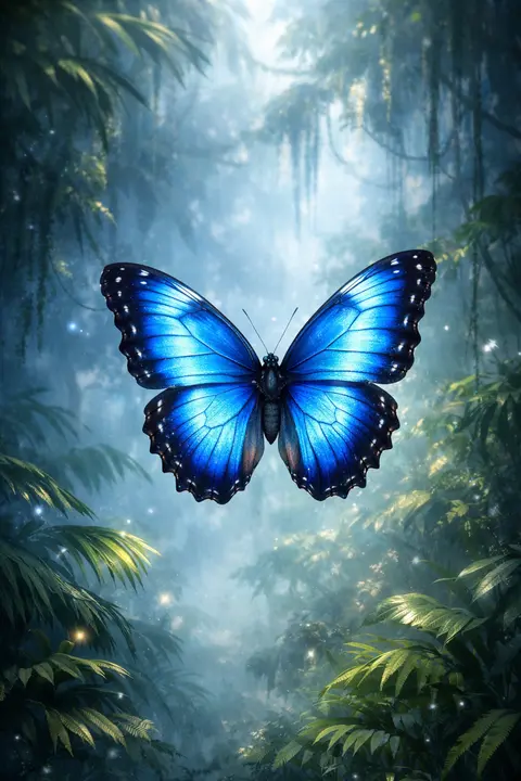 Butterfly wallpaper of a luminous blue morpho over misty jungle