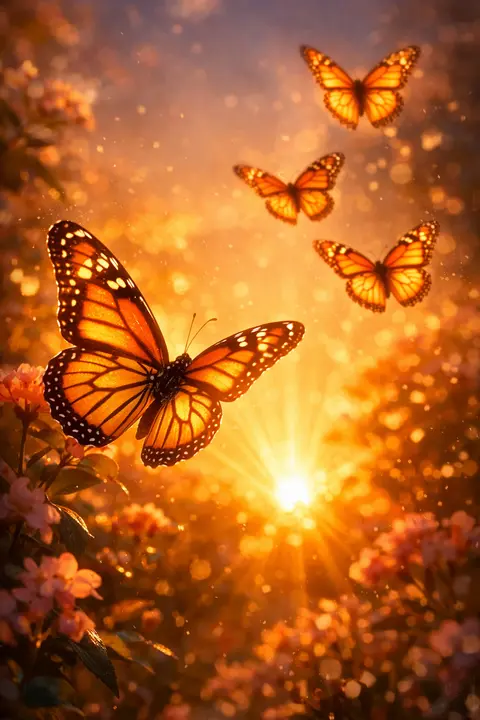 Butterfly wallpaper of monarch butterflies in golden hour light