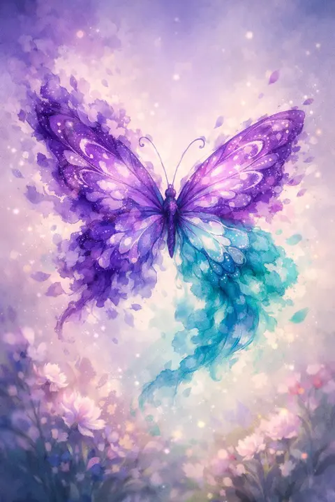 Butterfly wallpaper formed from blooming watercolor ink in violet and teal