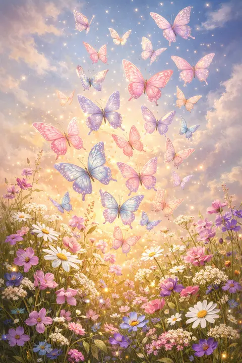 Butterfly wallpaper of pastel butterflies rising from a wildflower meadow