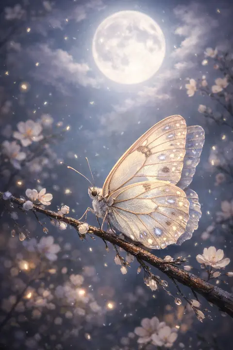 Butterfly wallpaper of a pale butterfly on a branch under moonlight