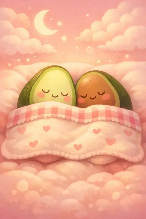 Cute avocado wallpaper with two round avocado halves napping under a tiny blanket