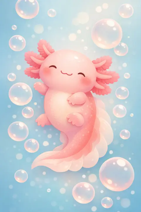 Cute axolotl wallpaper with a smiling pink axolotl drifting among soft bubbles in pale water