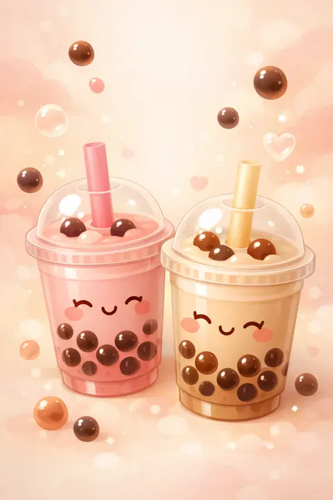 Cute boba tea wallpaper with smiling pastel bubble tea glasses and floating tapioca pearls