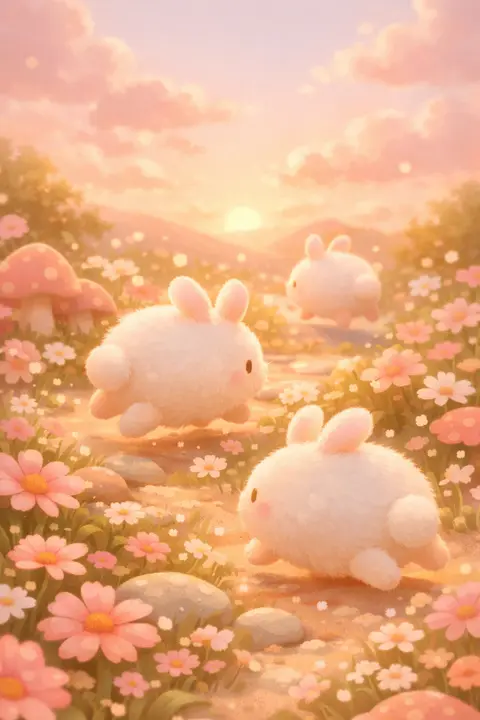 Cute wallpaper of fluffy round bunnies in a miniature flower garden at golden hour