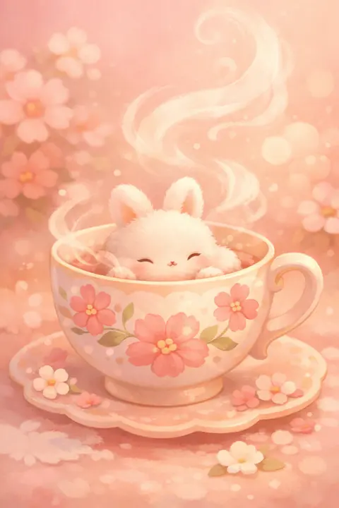Cute bunny wallpaper with a tiny fluffy rabbit sitting inside a delicate floral teacup