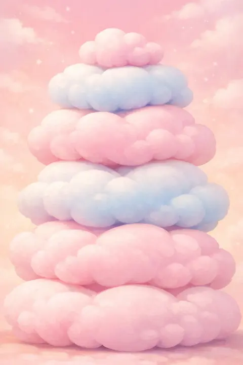 Cute cloud wallpaper with a stack of fluffy cloud pillows in cotton candy tones