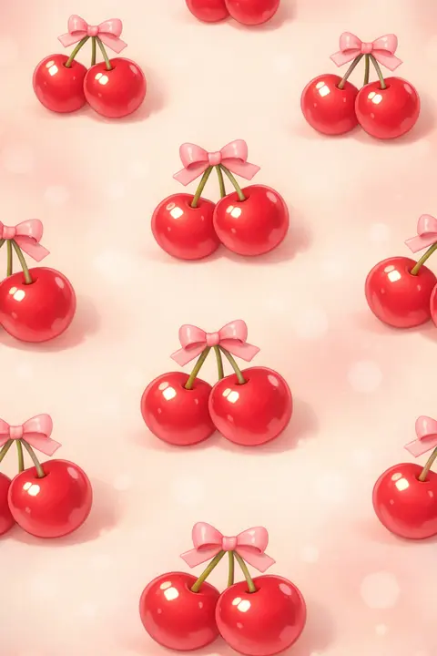 Cute coquette cherry wallpaper with glossy red cherries tied in tiny bows on soft cream