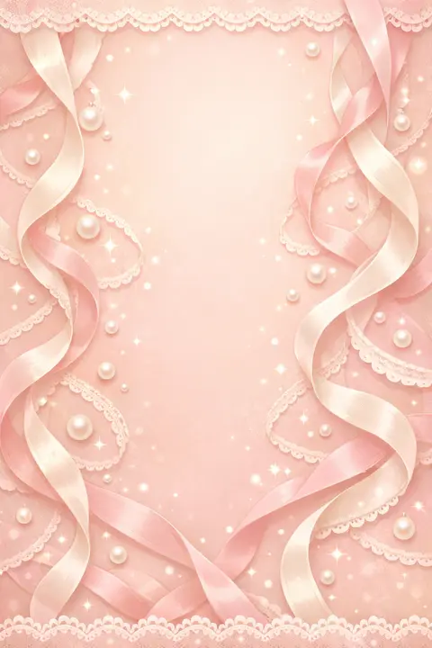 Cute coquette wallpaper with trailing satin ribbons, small pearls and delicate lace on blush
