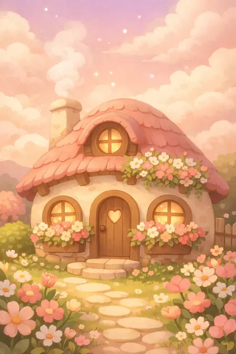 Cute cottage wallpaper with a tiny storybook house, round windows and overflowing flower boxes