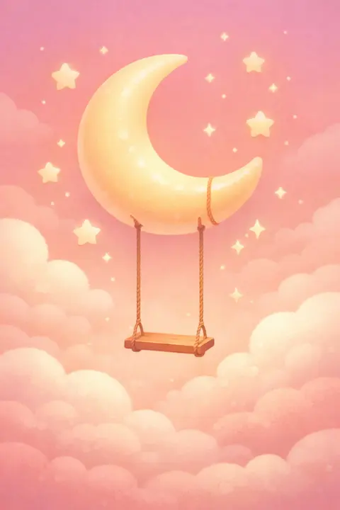 Cute moon wallpaper with a chubby crescent moon holding a tiny rope swing among stars