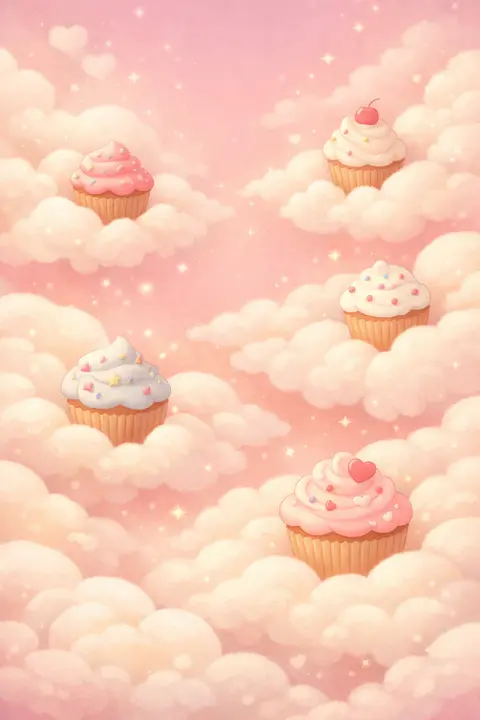 Cute cupcake wallpaper with frosted cupcakes floating among whipped cream clouds