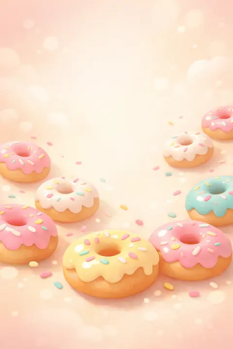Cute donut wallpaper with chubby pastel frosted donuts and colorful sprinkles