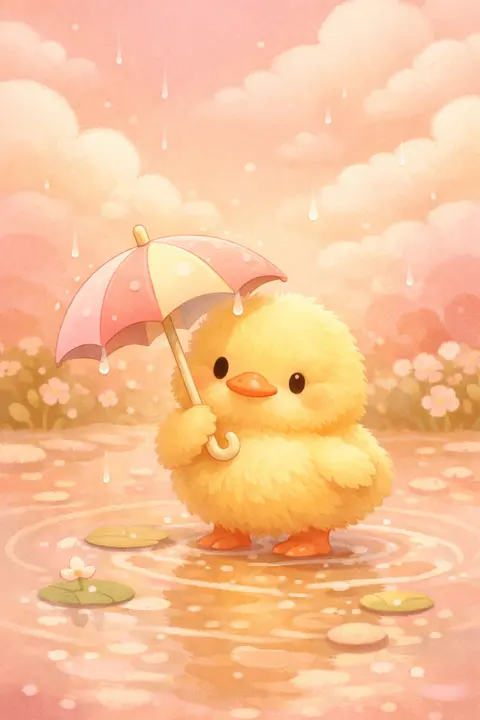 Cute duckling wallpaper with a fluffy yellow duck in a puddle holding a tiny umbrella