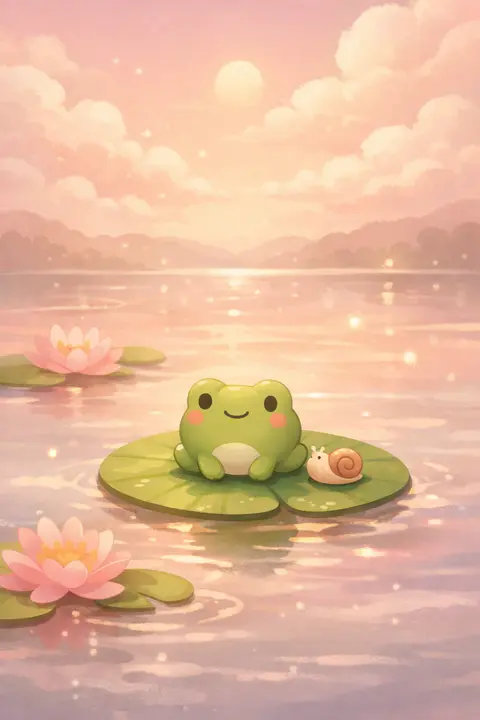 Cute frog wallpaper with a small round green frog on a lily pad and a tiny snail beside it