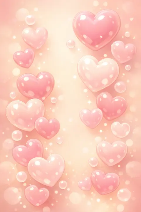 Cute heart wallpaper with glossy pastel hearts floating upward like soap bubbles