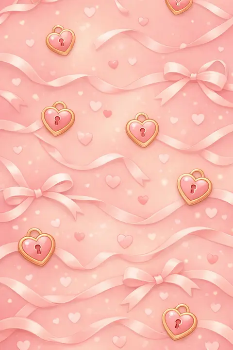 Cute heart wallpaper patterned with tiny heart lockets and thin satin ribbons on blush pink