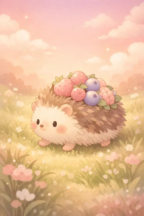 Cute hedgehog wallpaper with a small round hedgehog carrying pastel berries on its back