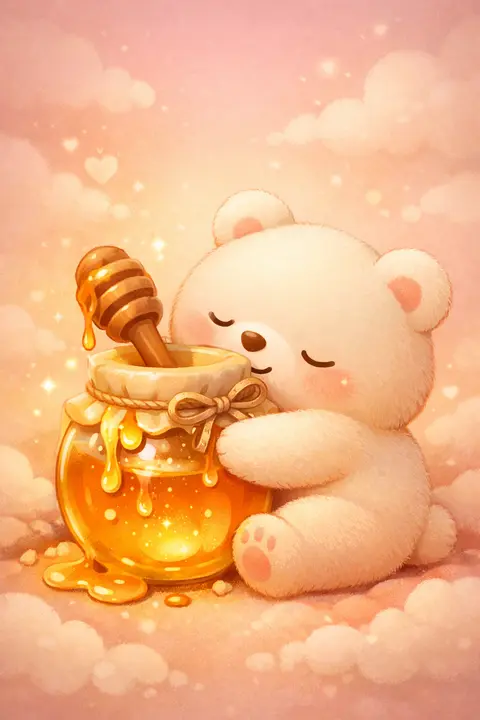 Cute honey bear wallpaper with a small round bear hugging a honey jar and wooden dipper