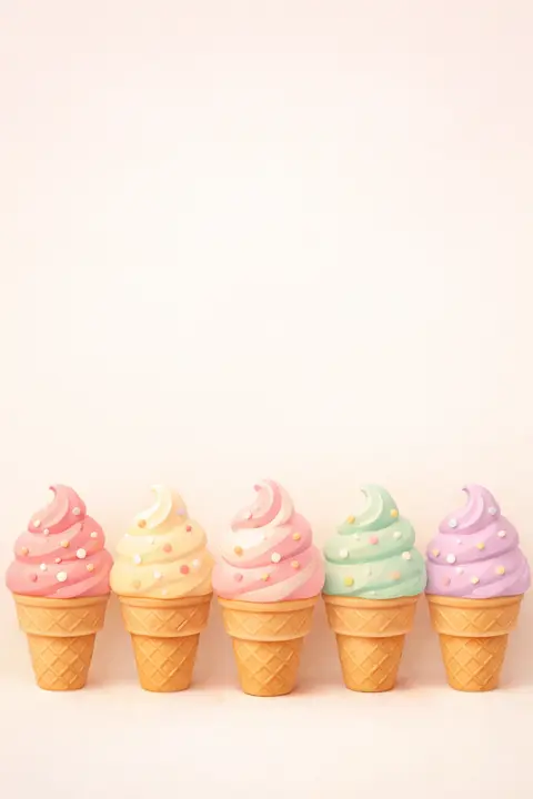 Cute ice cream wallpaper with a row of pastel cones, swirled scoops and tiny sprinkles