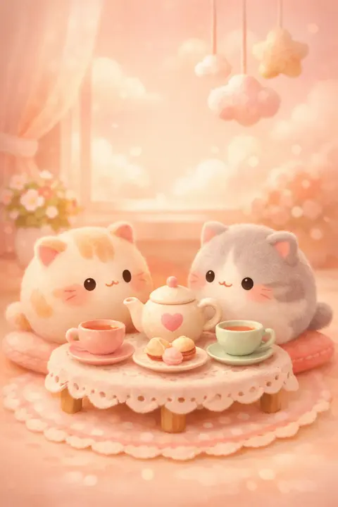 Cute kitten wallpaper with two tiny round cats at a miniature pastel tea party