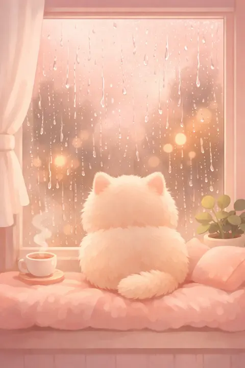 Cute kitten wallpaper with a round fluffy cat on a windowsill watching soft rain