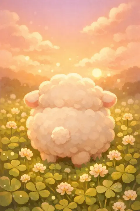 Cute lamb wallpaper with a round fluffy lamb in a clover meadow of tiny white flowers