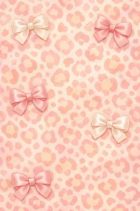 Cute leopard print wallpaper in pastel tones with soft rosettes and scattered satin bows