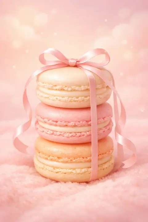 Cute macaron wallpaper with a neat stack of pastel macarons tied with a thin ribbon