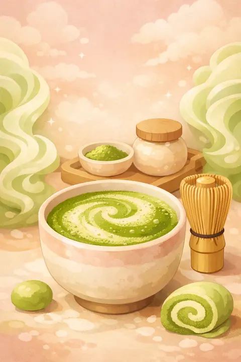Cute matcha wallpaper with a whisked green latte, bamboo whisk and soft cream swirls