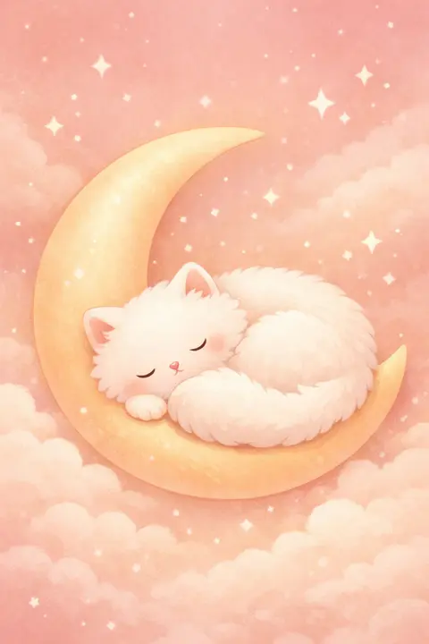 Cute moon cat wallpaper with a round fluffy cat asleep curled on a large crescent moon