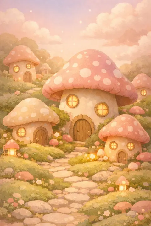 Cute mushroom wallpaper with a tiny village of pastel toadstool houses and round windows