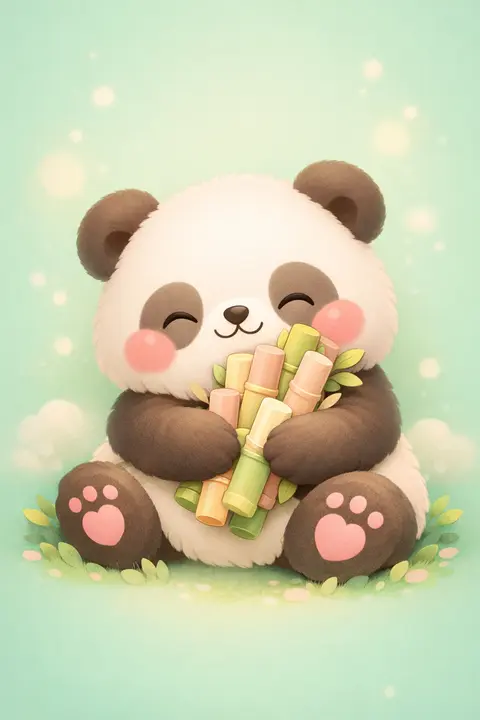 Cute panda wallpaper with a round soft panda hugging a bundle of pastel bamboo shoots