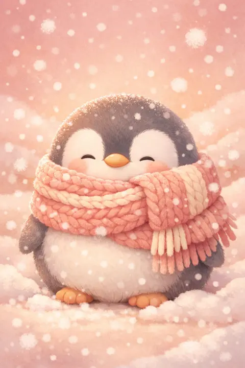 Cute penguin wallpaper with a round fluffy penguin in an oversized knitted scarf and snow