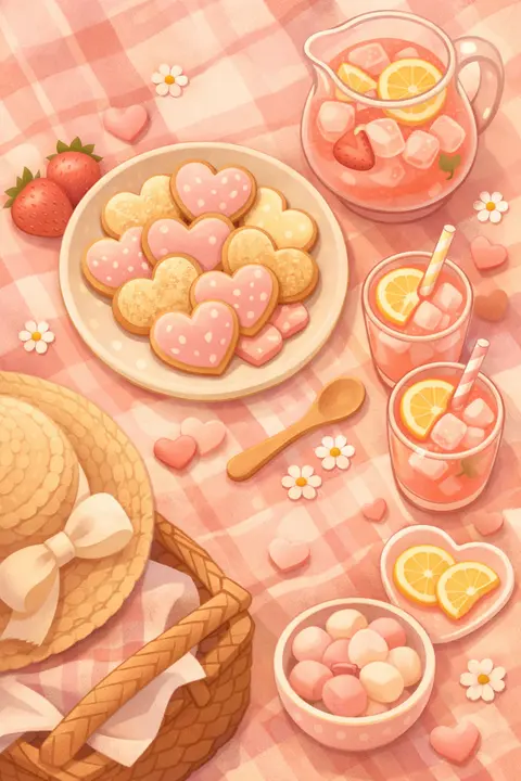 Cute picnic wallpaper seen from above with heart-shaped cookies and lemonade in pastels