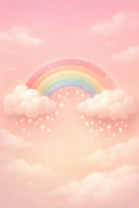 Cute rainbow wallpaper with a soft pastel arch between two fluffy clouds and tiny sparkles