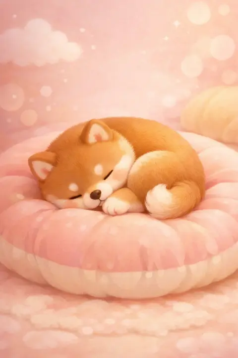 Cute shiba wallpaper with a round fluffy puppy curled asleep on a plump pastel cushion